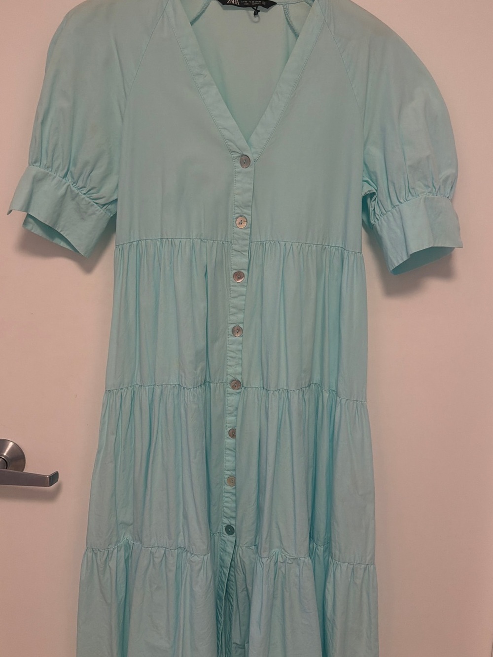 Zara  Aqua Button-Front Tiered Dress